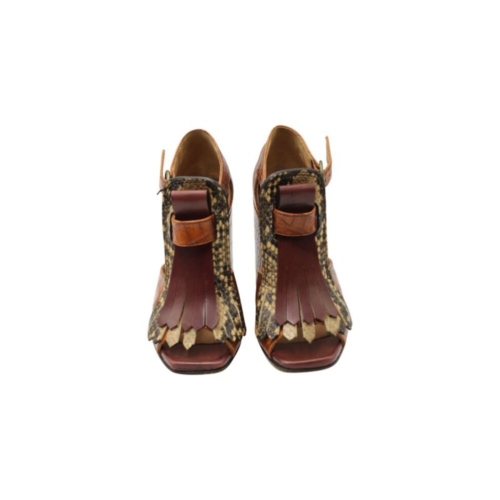 Dries Van Noten Fringe Ankle Strap High Heel Sandals in Crocodile-Print Leather - Picture 2 of 7